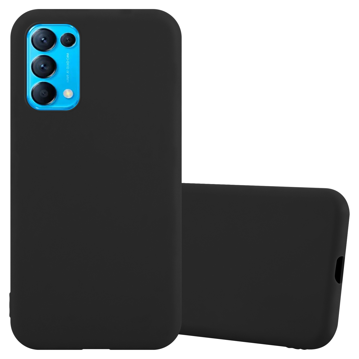 Due custodie per telefono nere su sfondo bianco. Entrambe nere lisce con ritagli per fotocamera, una rivolta verso lo spettatore.