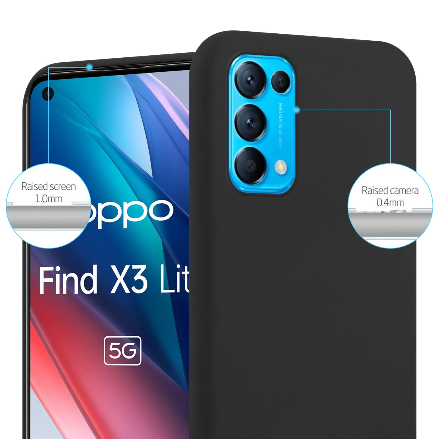 Custodia nera con telefono dentro. Il telefono ha più fotocamere ed è etichettato 'oppo' e '5G'.