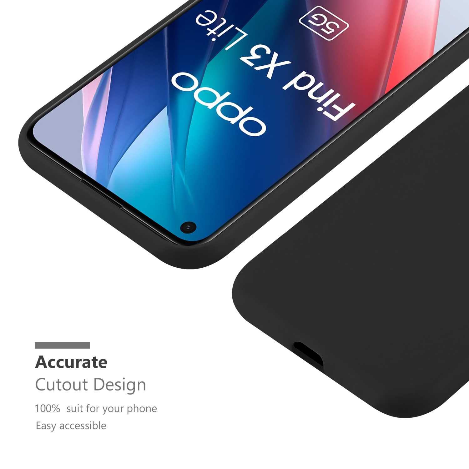 Una custodia nera per telefono con l'Oppo Find X3 Lite è visualizzata. La custodia copre il telefono.