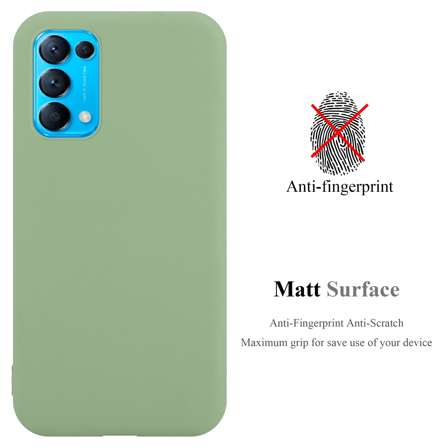 Una custodia verde. Il testo dice anti-impronte e superficie opaca. C'è un simbolo di impronta digitale.