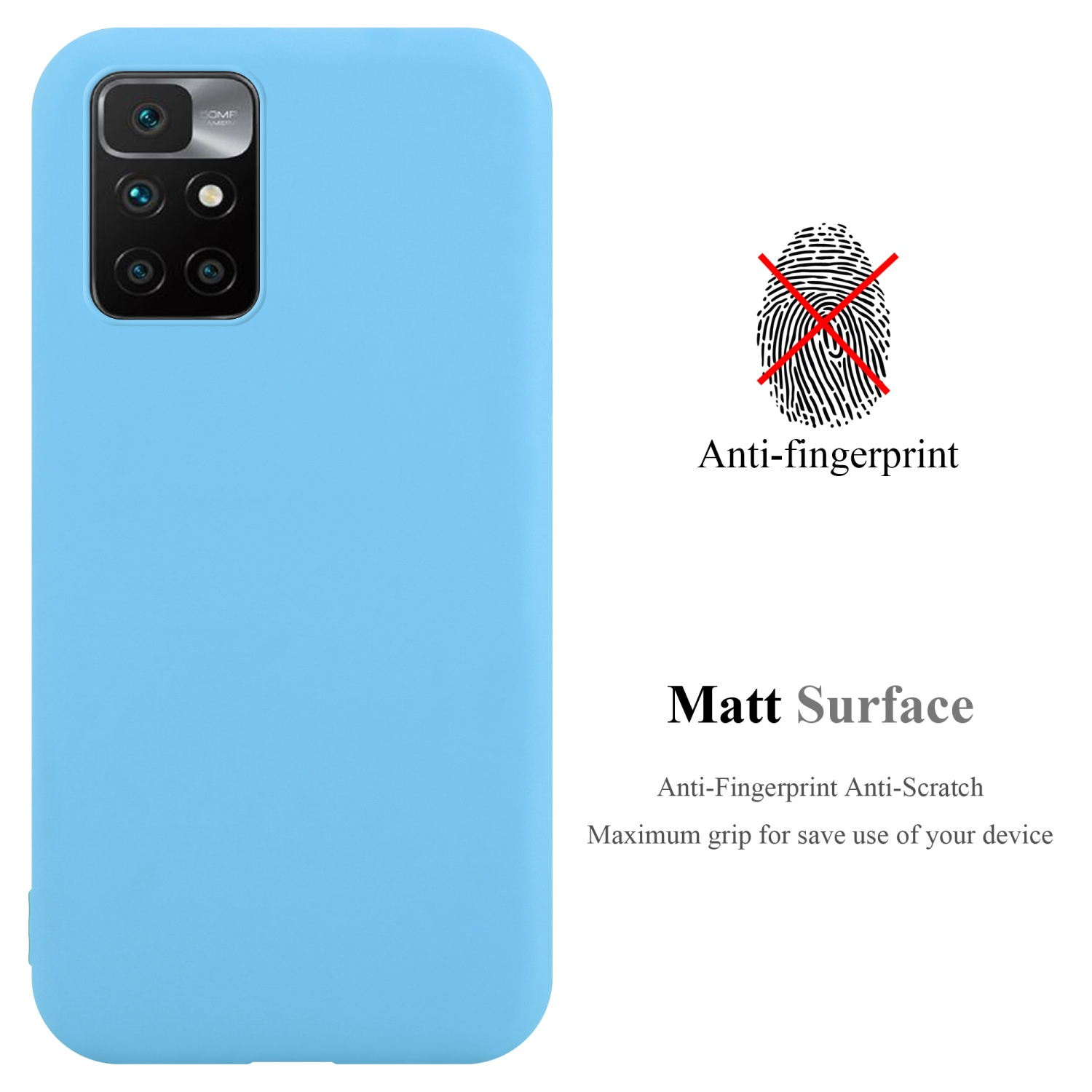 Una custodia per telefono blu con fotocamera. Lo sfondo ha il testo anti-impronta.