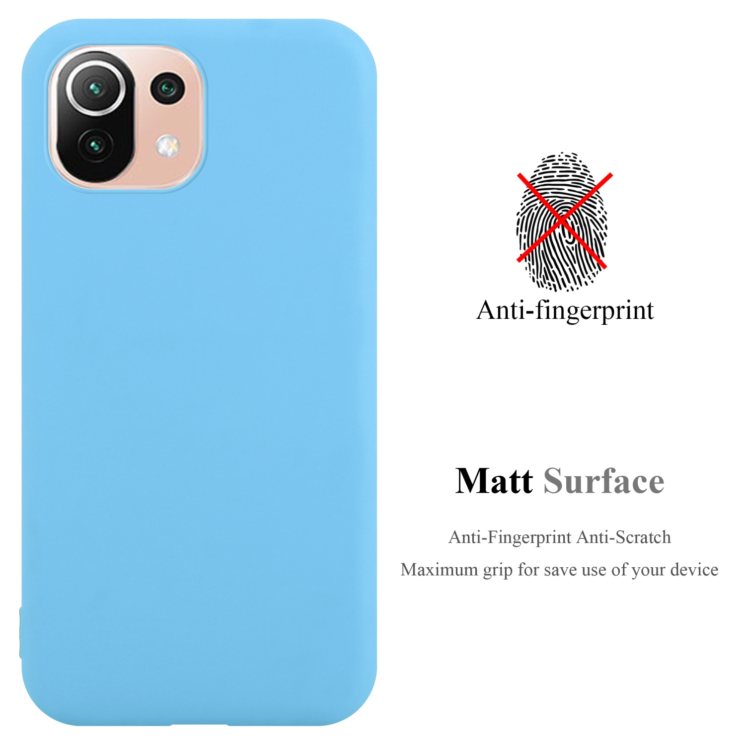 Blaue Handyhülle. Der Hintergrund ist weiß. Die Hülle ist blau. Matte Oberfläche. Anti-Fingerprint.