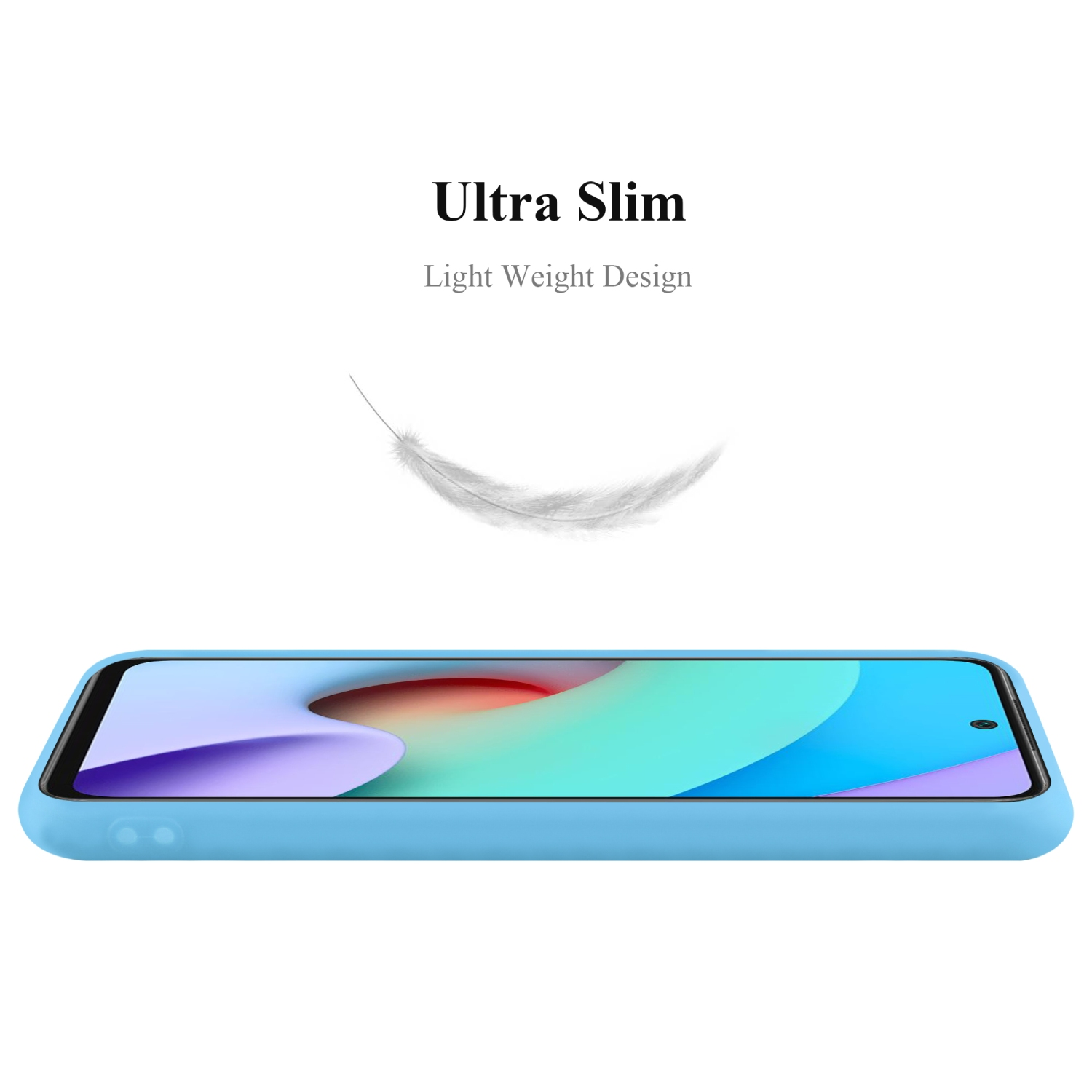 Una custodia per telefono azzurra, vista di lato. La custodia è sottile e ha un design leggero.