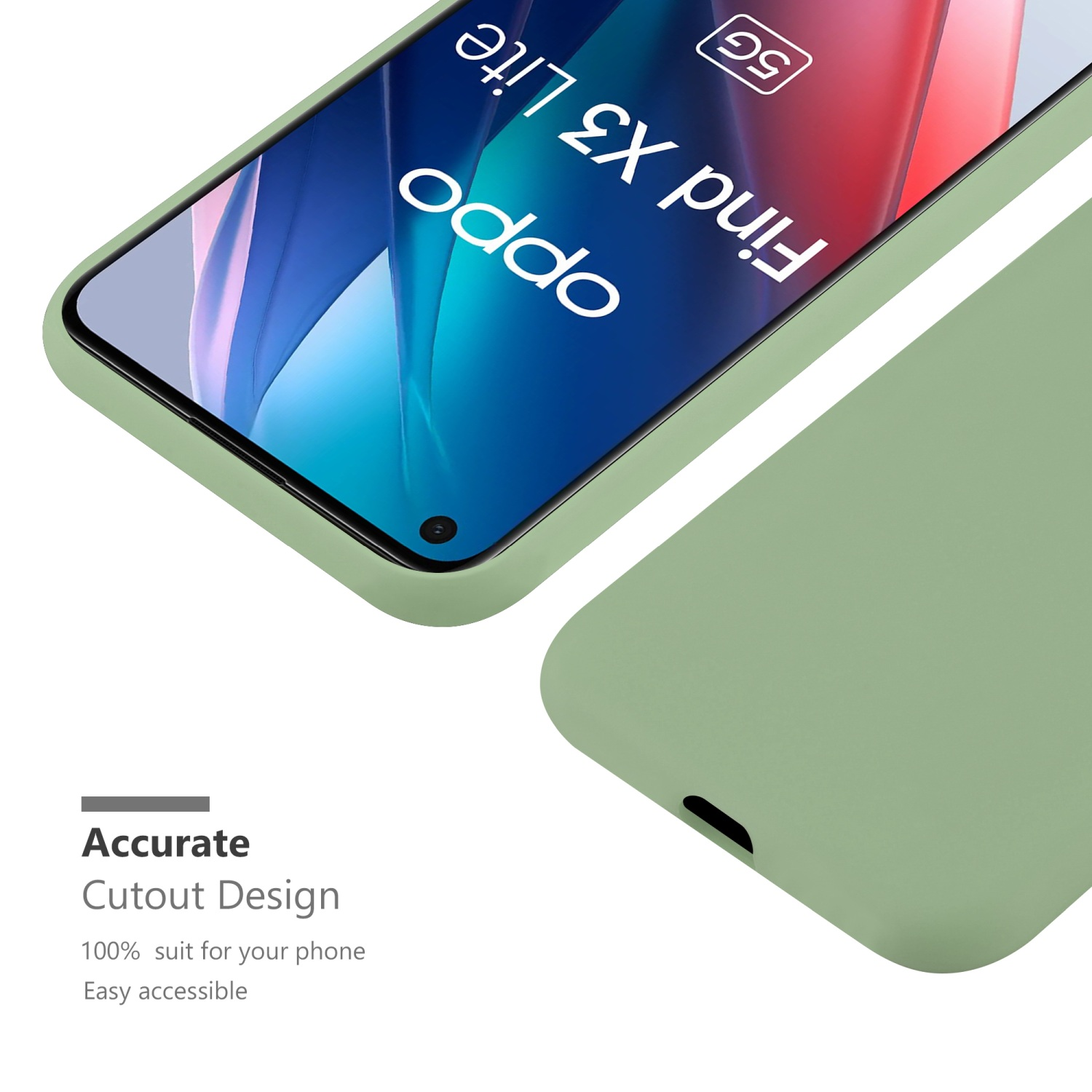 Custodia verde con telefono all'interno. Design ritagliato. Il telefono è un Oppo Find X3 Lite.