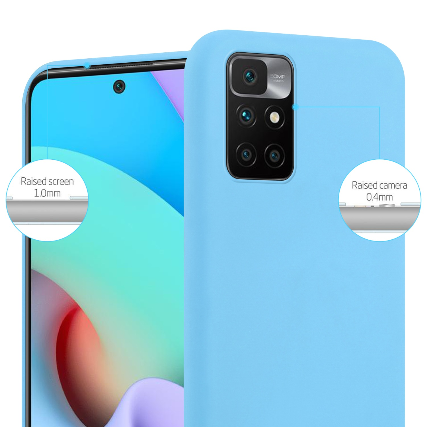Custodia per telefono blu, con un telefono all'interno. Mostra lo schermo e la fotocamera rialzati.