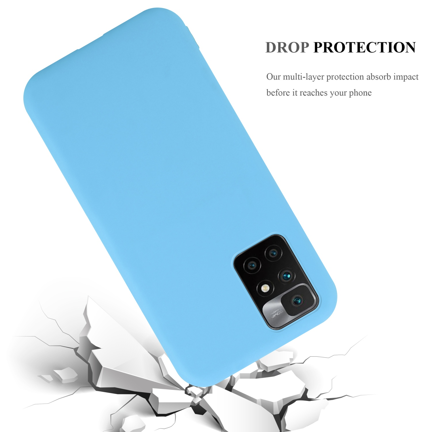 Custodia per telefono azzurro, angolata, che cade, con sfondo bianco incrinato.