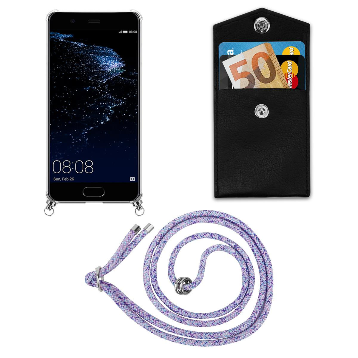 Ein Telefon, schwarzes Portemonnaie mit Karten und ein lila Lanyard. Der Bildschirm zeigt Uhrzeit und Datum.