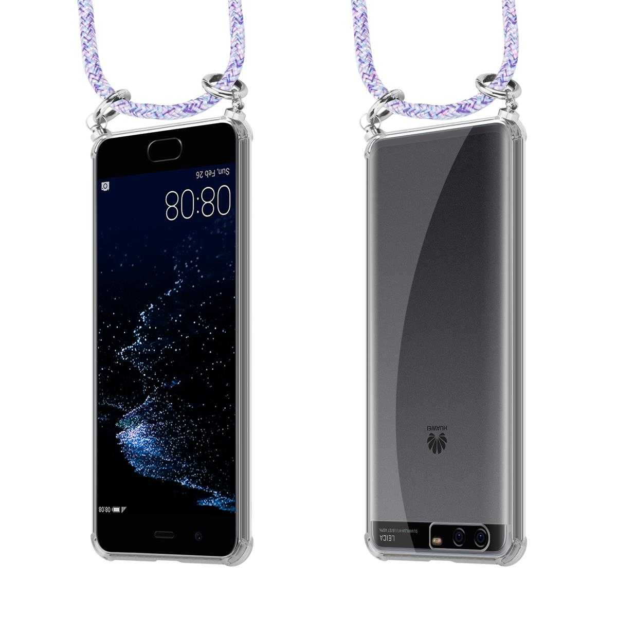 Telefon in transparenter Hülle mit Band. Telefon zeigt Zeit und Datum. Hintergrund ist weiß mit lila Band.