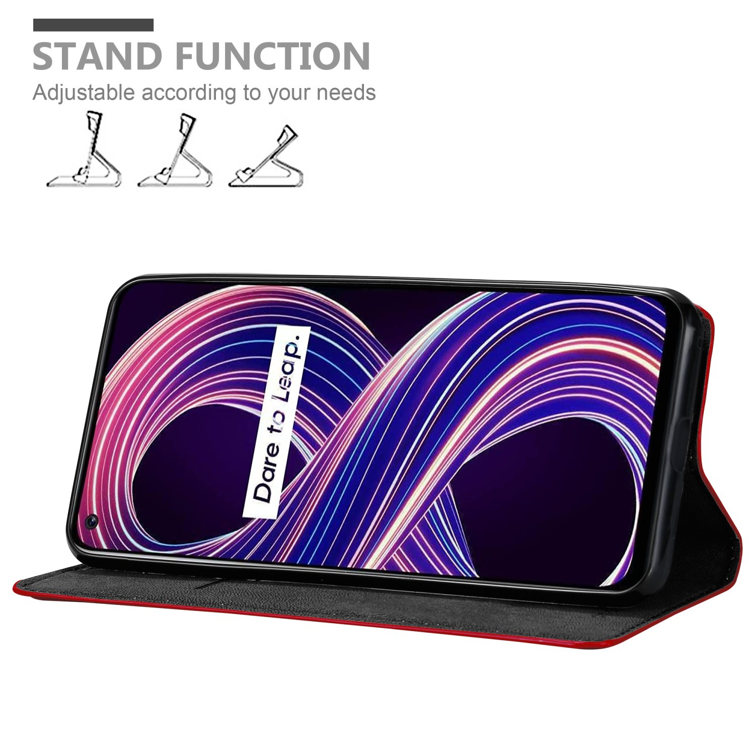 Telefono in una custodia rossa, appoggiato per la visualizzazione. Testo: Funzione supporto, con icone di supporto.