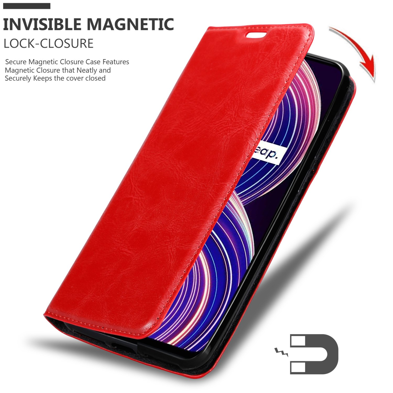 Custodia rossa per telefono con coperchio aperto, che rivela lo schermo del telefono. Sono visibili anche testo e icona magnete.