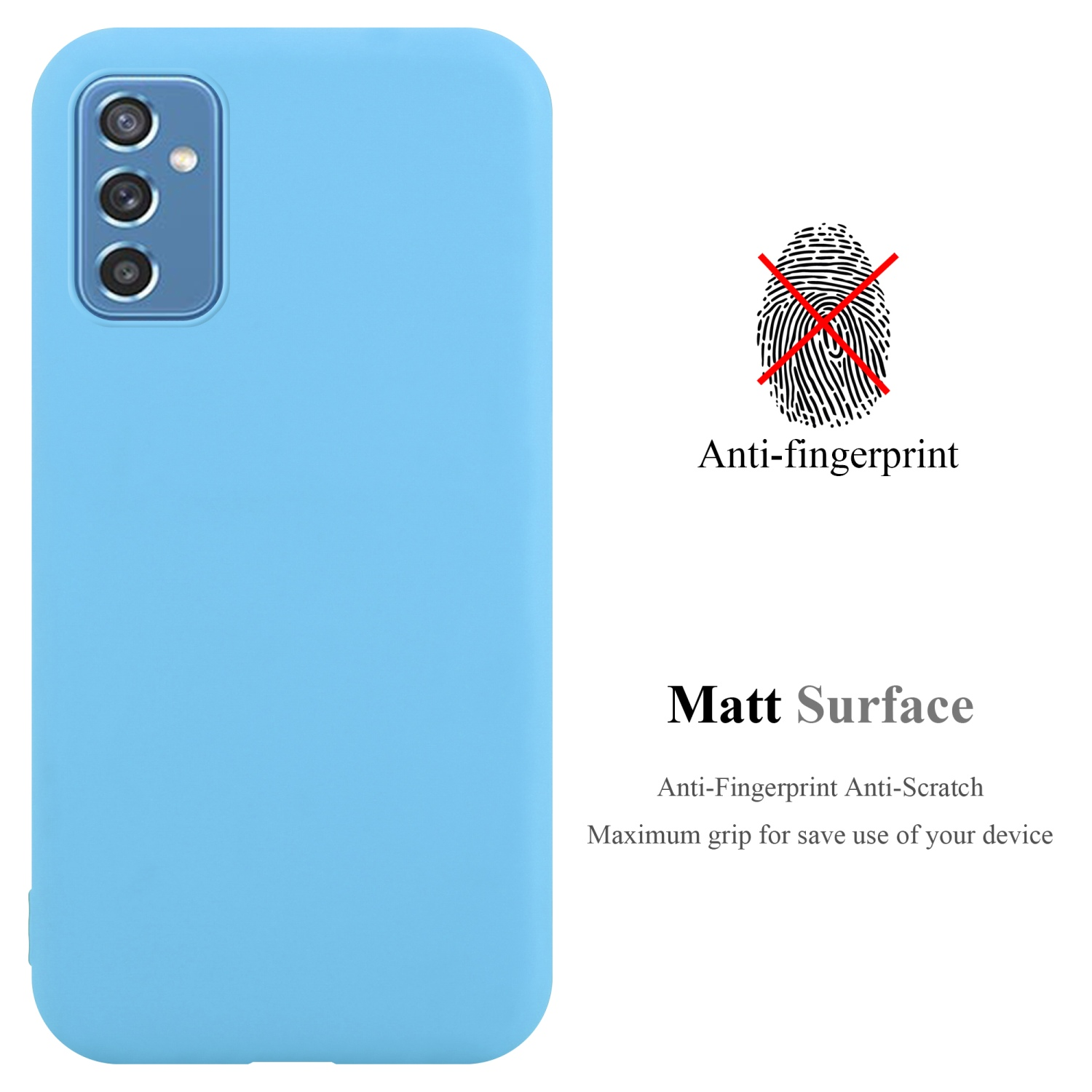 Custodia per telefono azzurra. Anti-impronte e superficie opaca. Sfondo bianco. Il telefono ha una fotocamera.