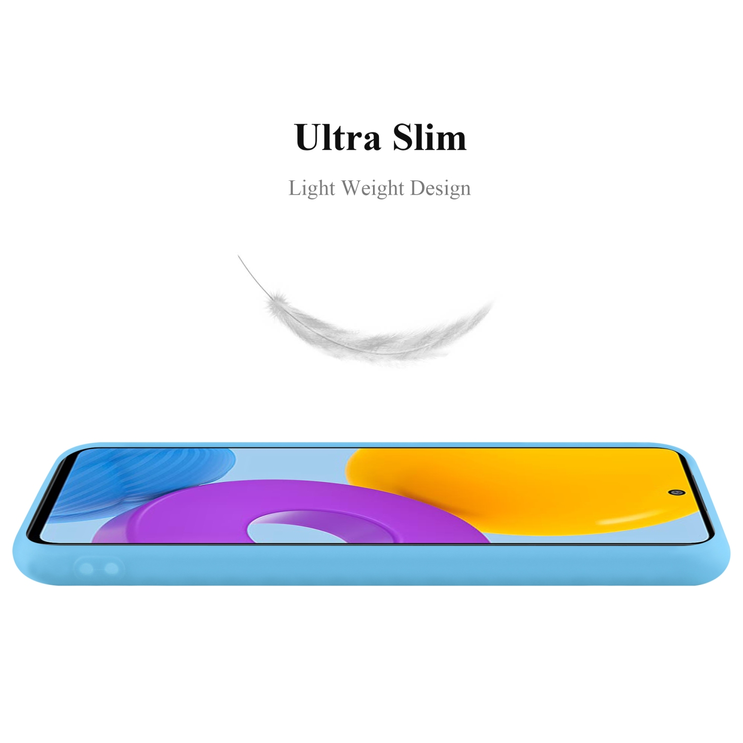 Custodia per telefono azzurra con una grafica a piuma. La custodia è ultra sottile e leggera.
