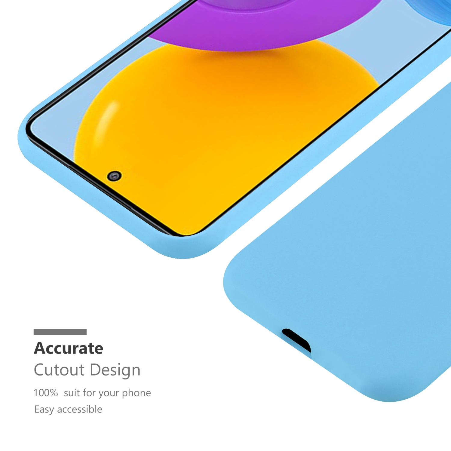 Custodia per telefono azzurra con telefono all'interno, che mostra lo schermo. Il testo dice Accurate Cutout Design.