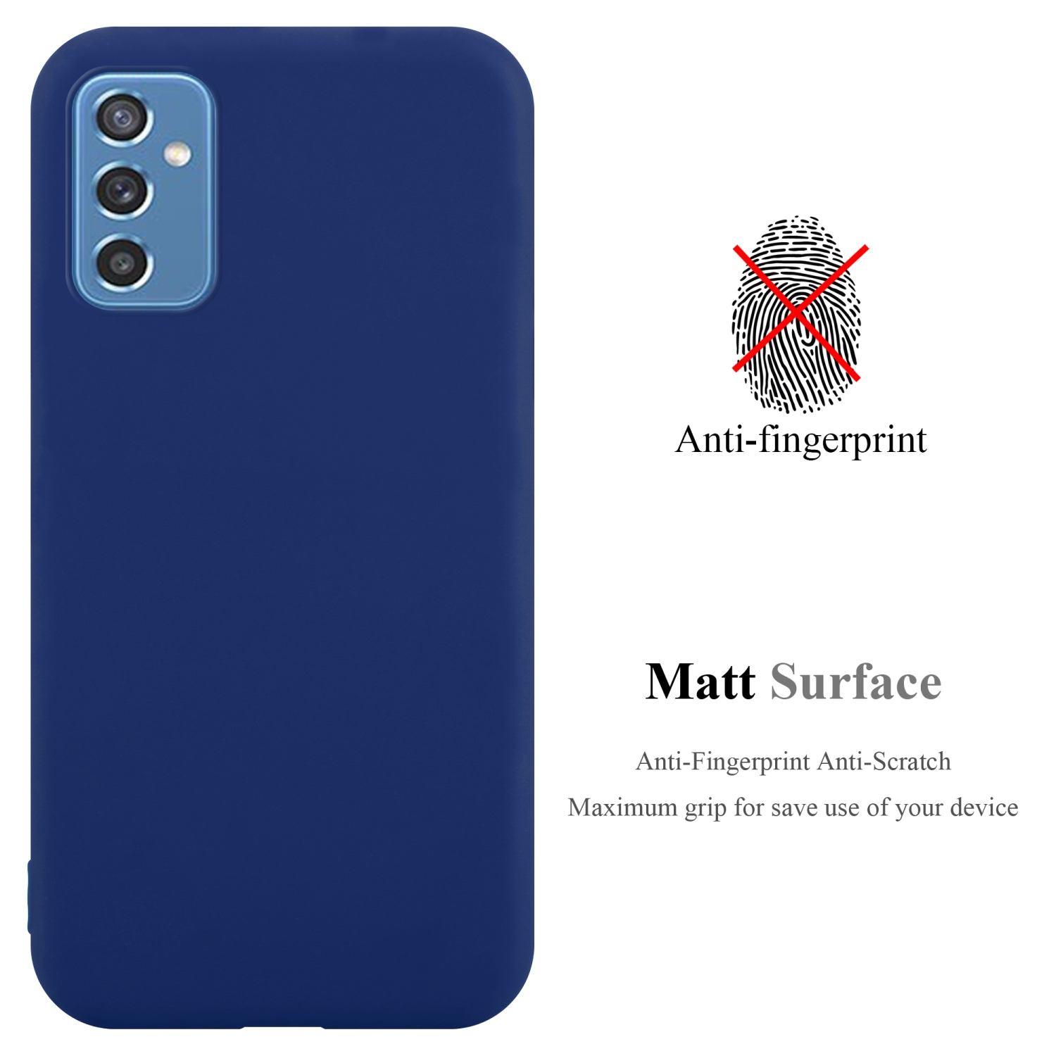 Custodia per telefono blu. Anti-impronte, superficie opaca, antigraffio. Sfondo bianco.