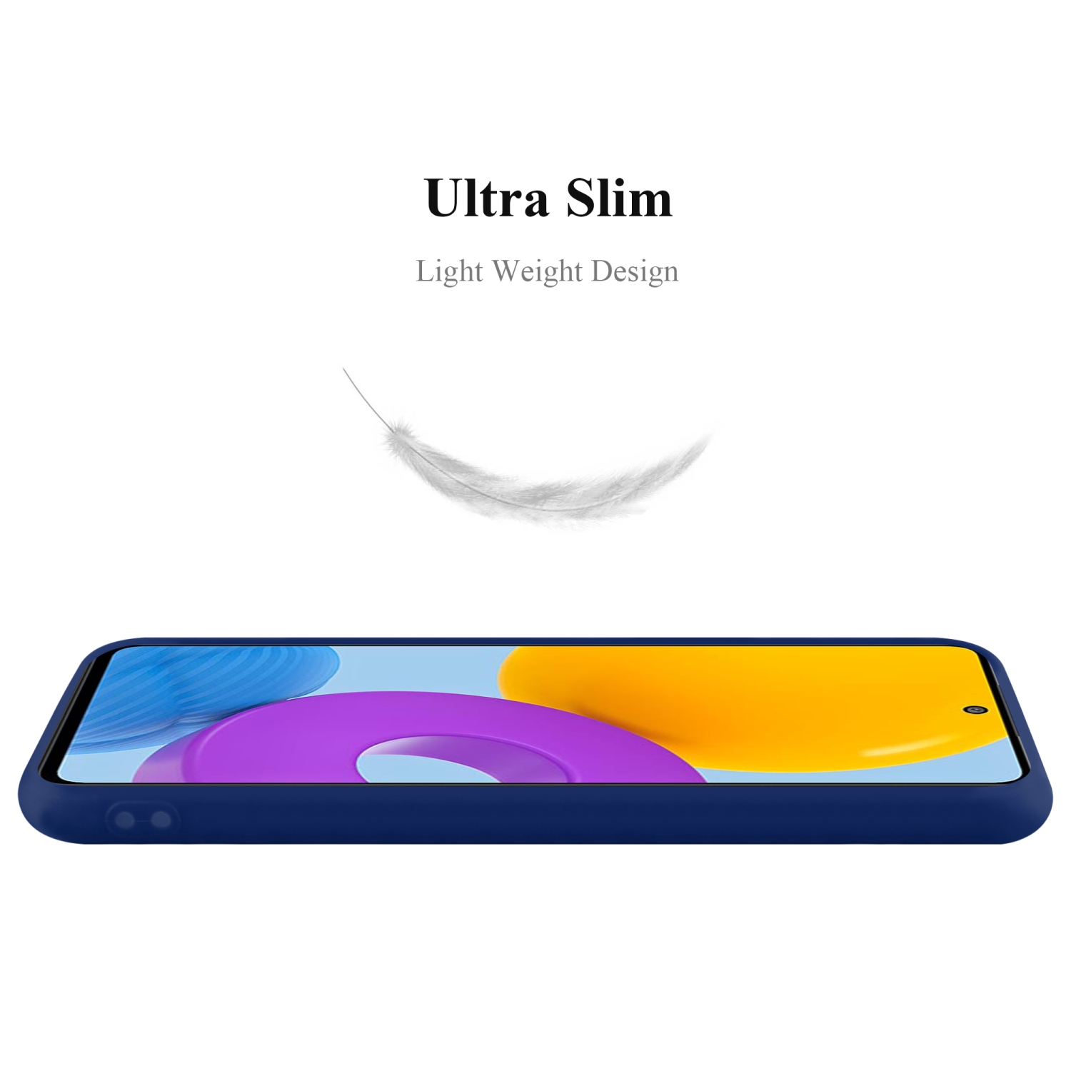 Una custodia per telefono blu scuro con un telefono all'interno. Il telefono ha colori giallo e viola.