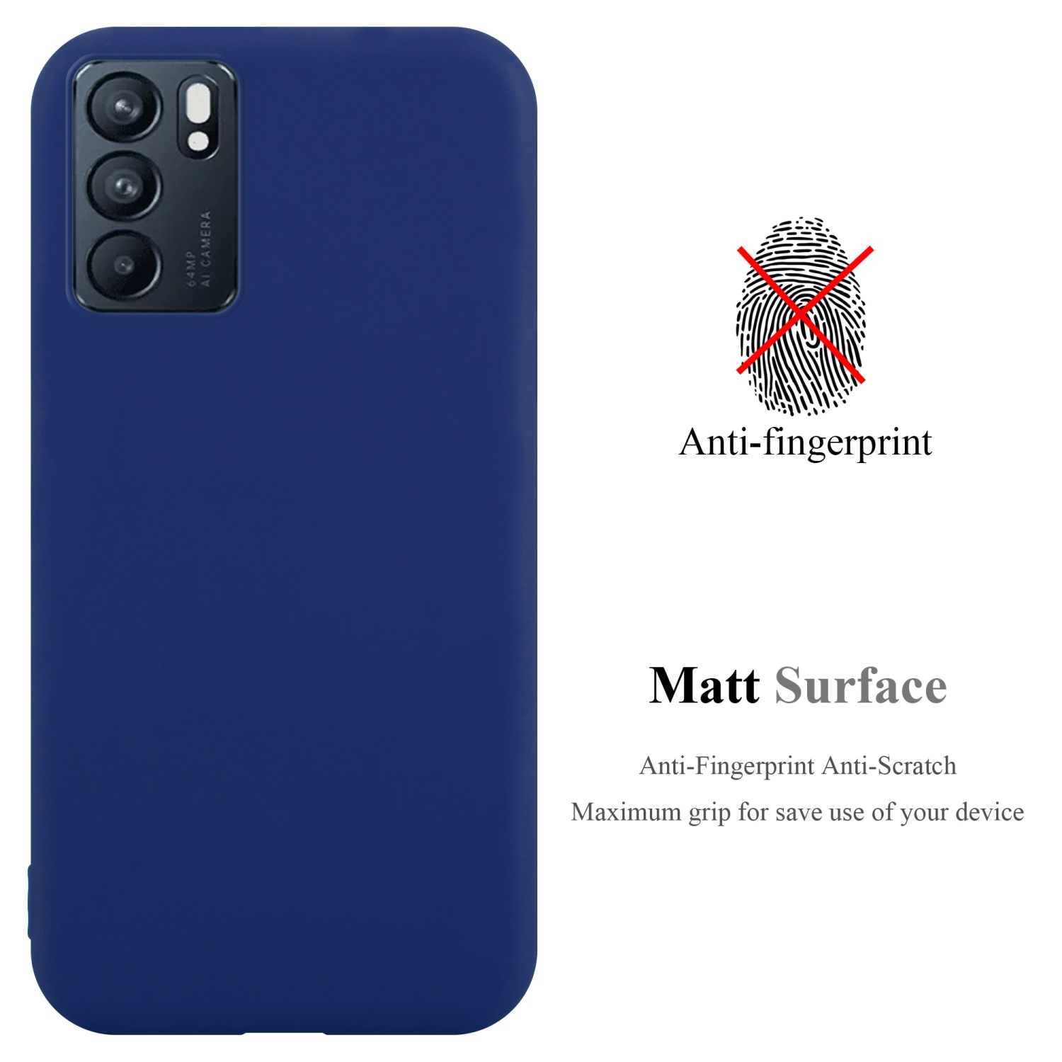 Blaue Anti-Fingerabdruck-Handyhülle. Der Text „Matt Surface“ und ein Fingerabdruckzeichen sind sichtbar.