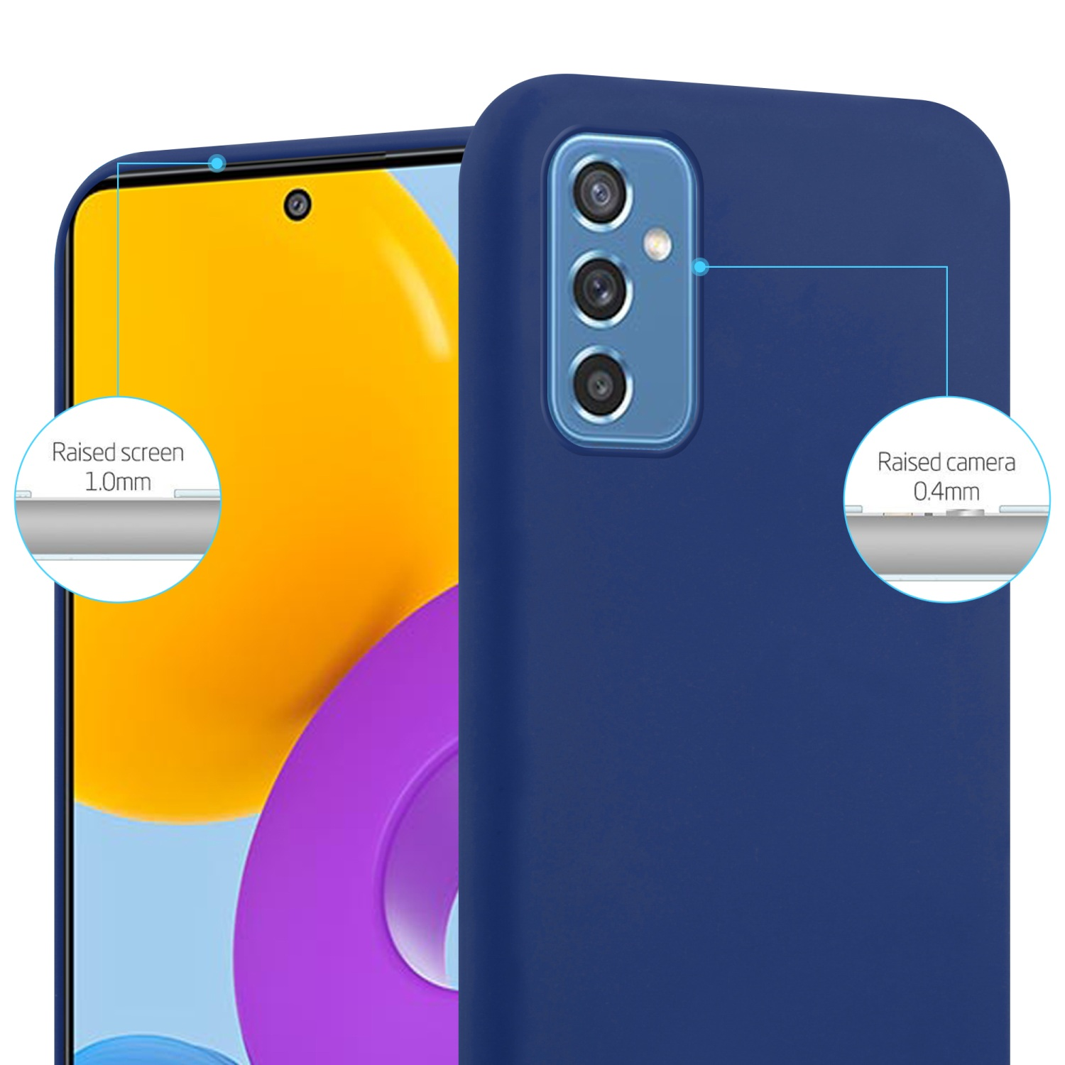 Custodia blu con telefono all'interno. Testo: Protezione schermo e fotocamera rialzata, misure indicate.