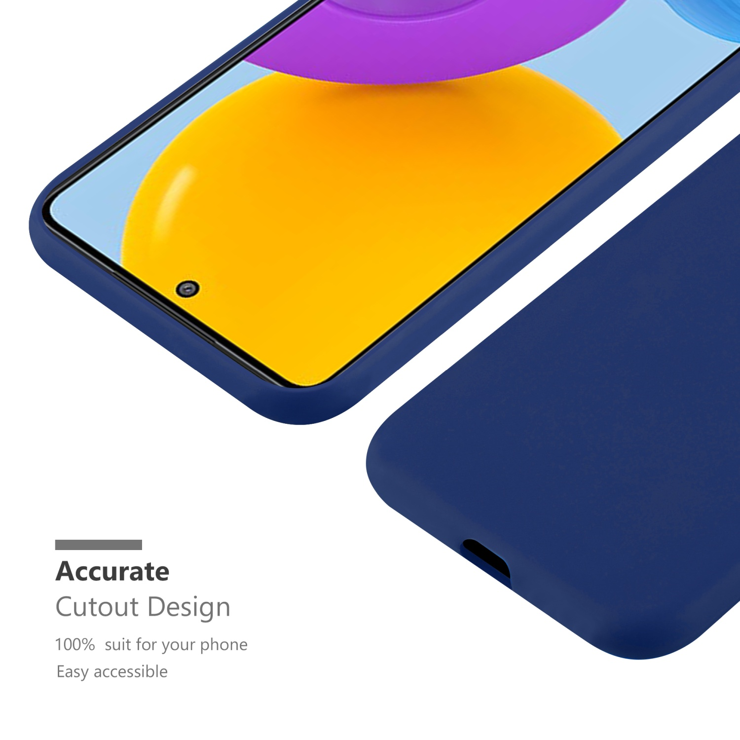 Custodia blu navy con telefono. Mostra un design di ritaglio preciso per il telefono.