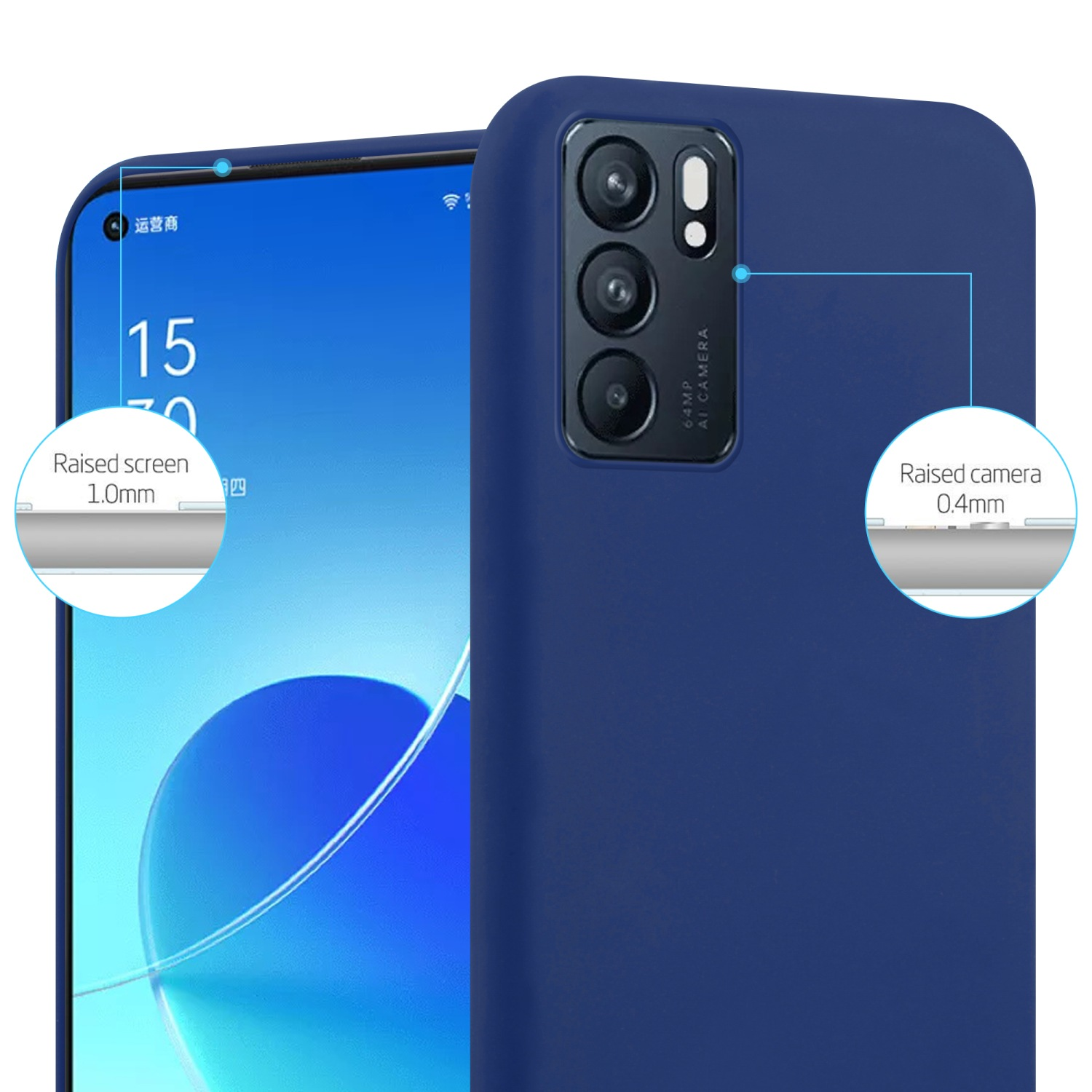 Dunkelblaue Handyhülle mit Telefon darin. Erhöhter Bildschirm und Kamera. Weißer Hintergrund.