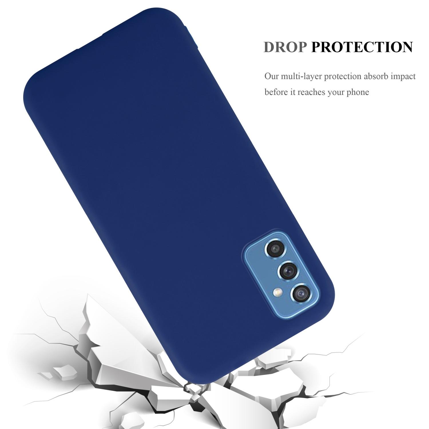 Una custodia per telefono blu con un telefono all'interno, mostrata come se stesse cadendo, rompendo il terreno.