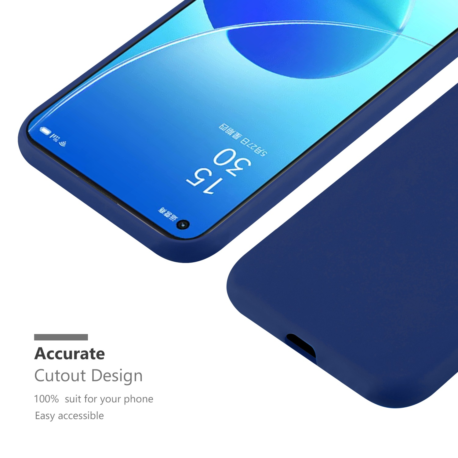 Blaues Telefon mit Zeitanzeige. Eine marineblaue Hülle ist im Hintergrund. Text: Präzises Ausschnittdesign.