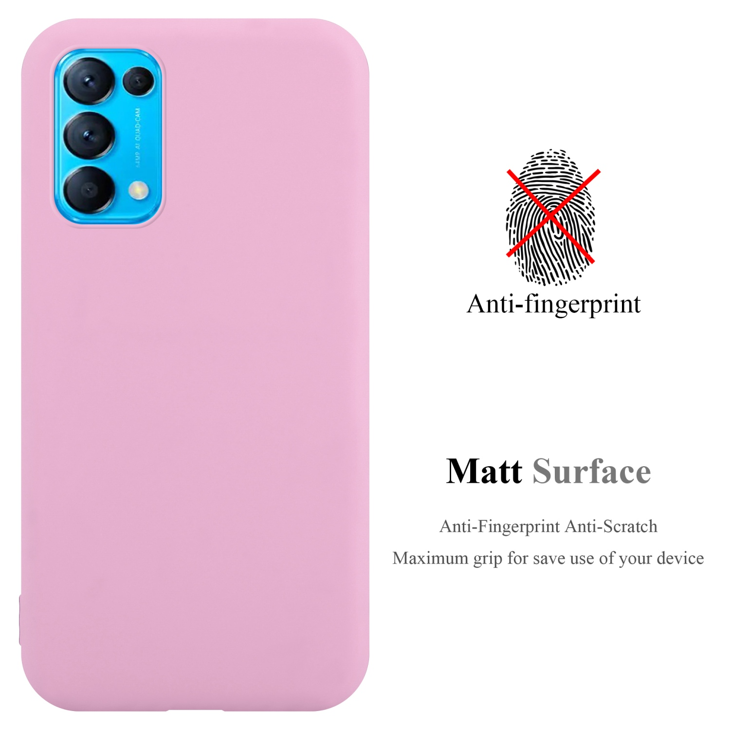 Custodia rosa per telefono con anti-impronte e superficie opaca. Testo: Superficie opaca.