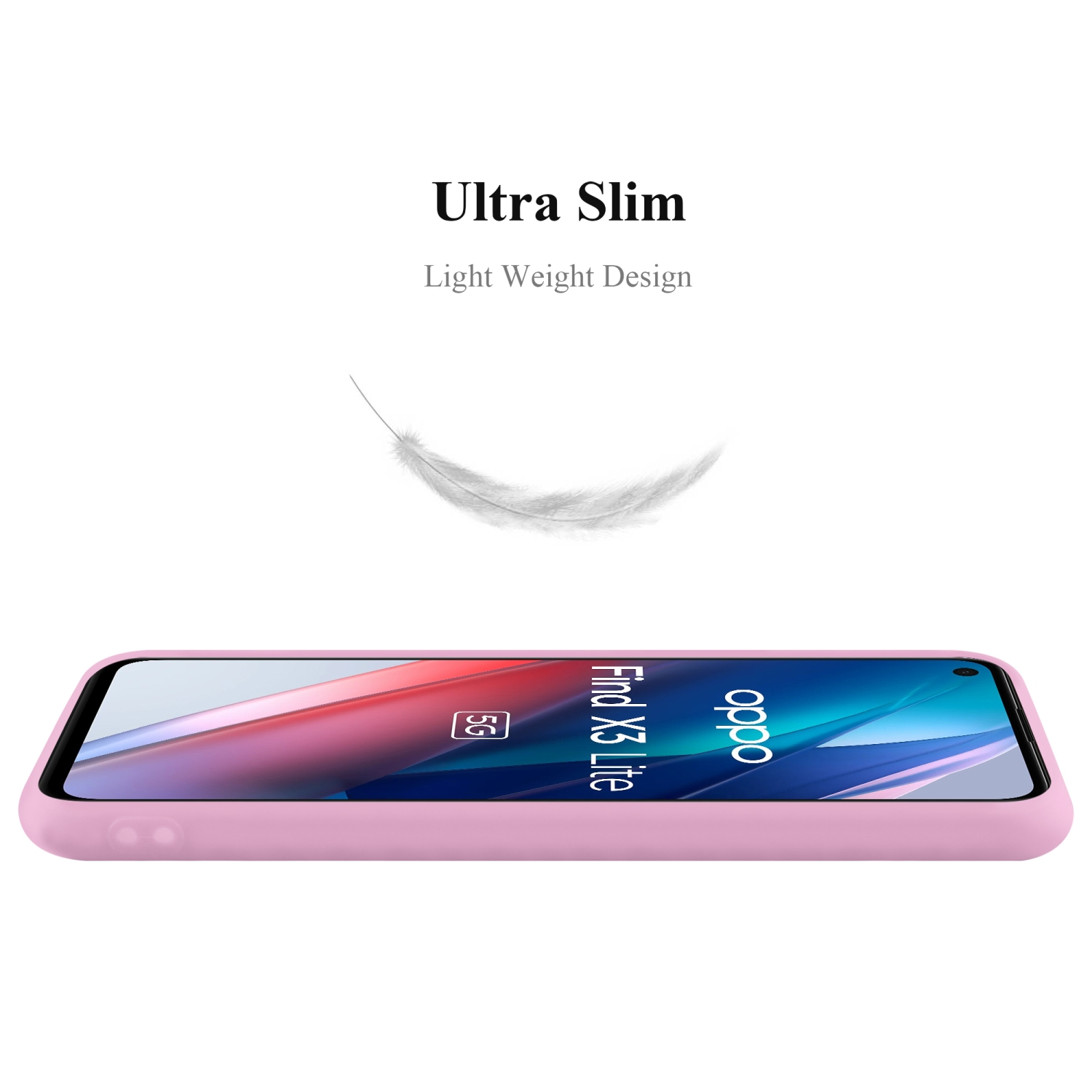 Una custodia per telefono rosa con il telefono sopra. Il telefono è un Oppo Find X3 Lite. Viene pubblicizzato un design leggero.