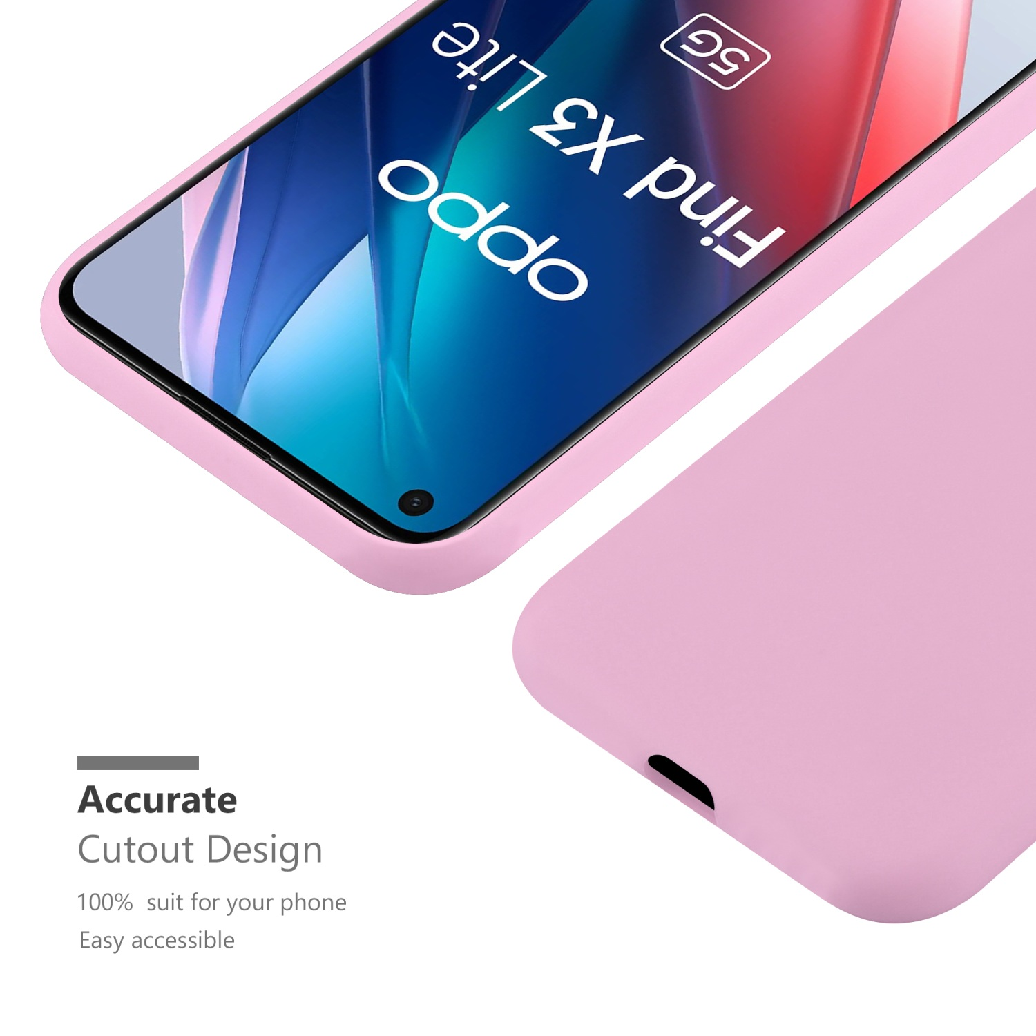 Custodia rosa per telefono con schermo del telefono. Il telefono mostra il logo Oppo Find X3 Lite.