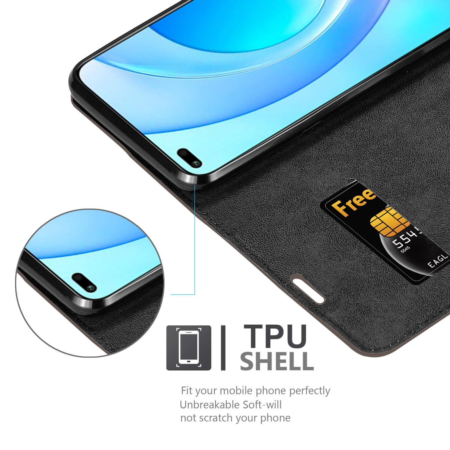 Schwarze Handyhülle mit einem Telefon darin. Eine Kreditkarte befindet sich in der Hülle. TPU-Schale wird angezeigt.