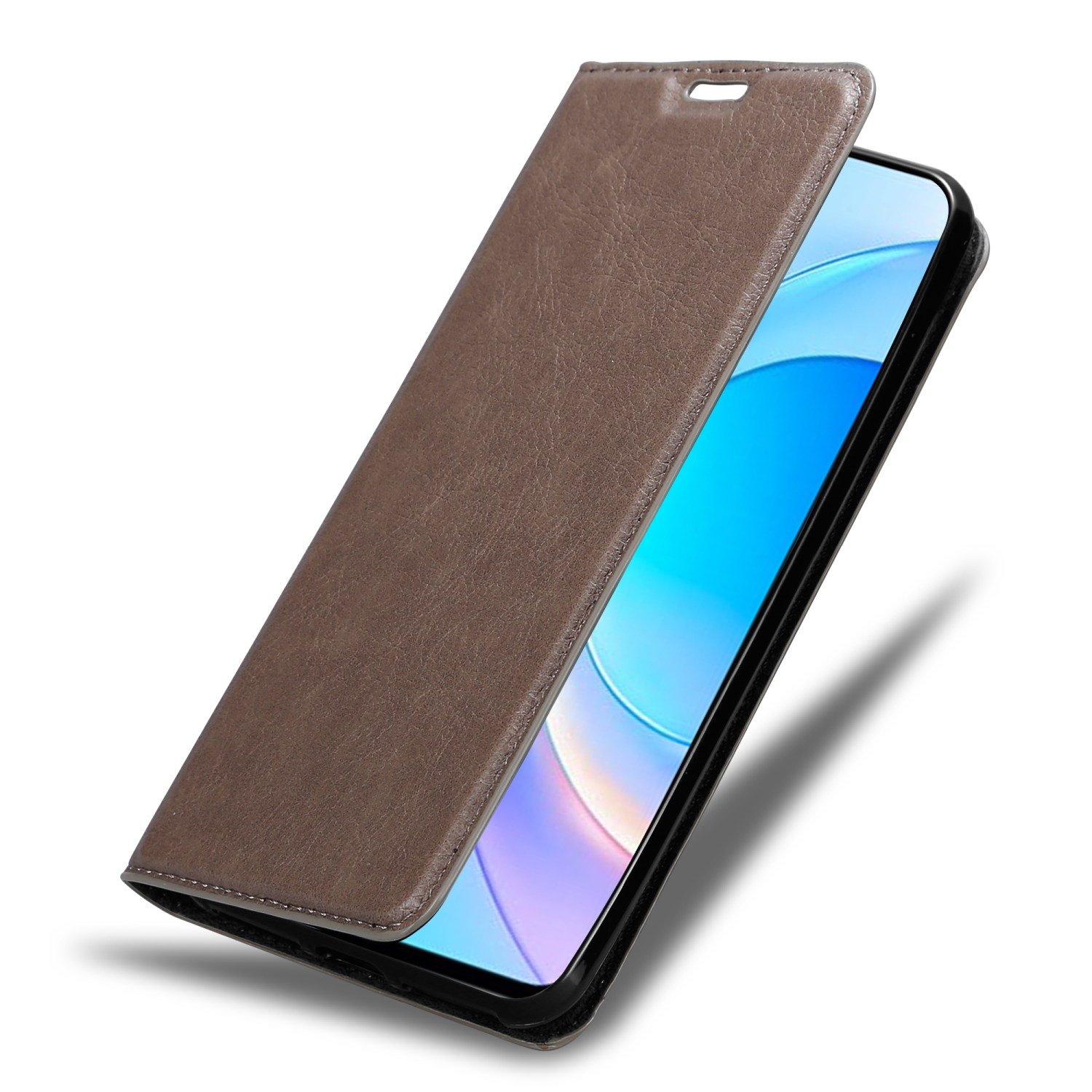 Braune Handyhülle, Telefon sichtbar, mit den Worten 'Sturzschutz'.