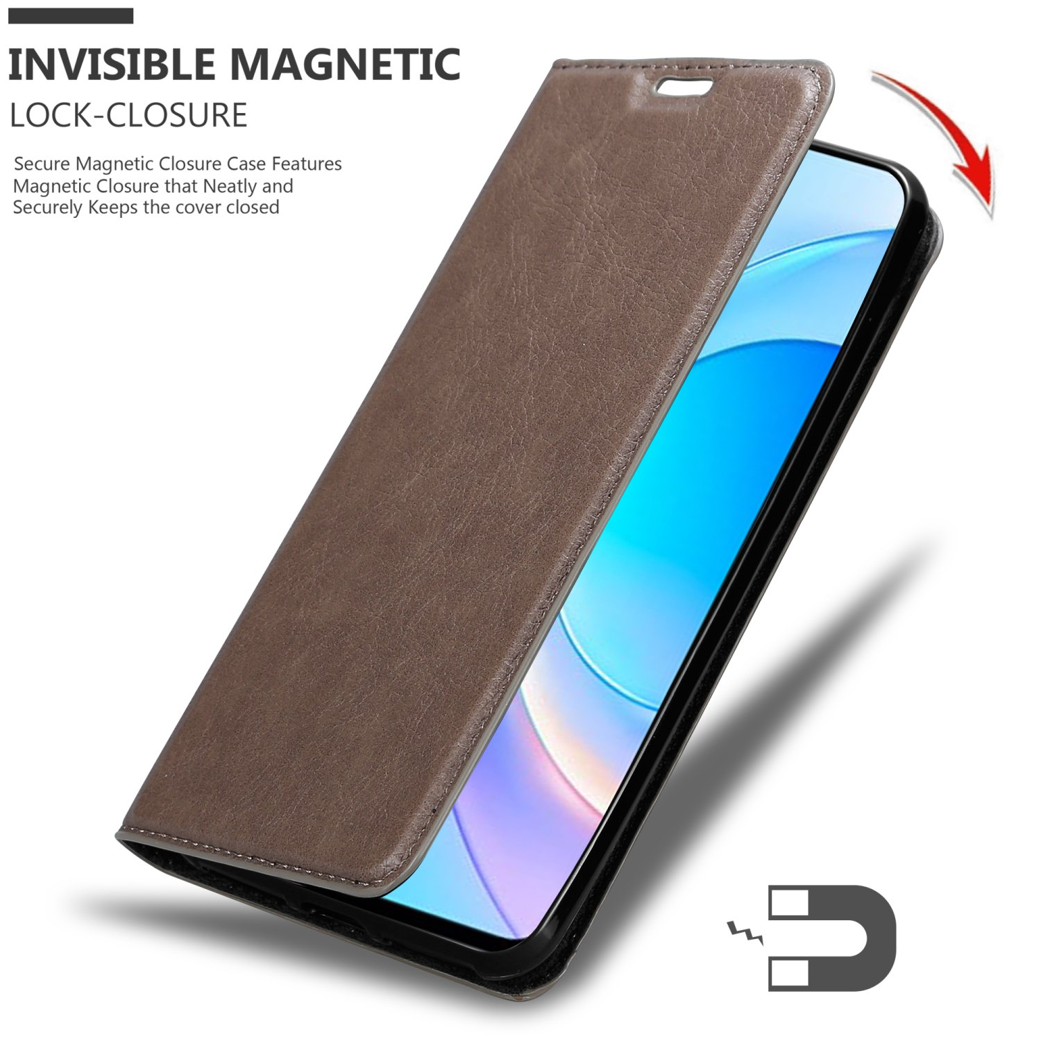 Braune Handyhülle, geöffnet, um ein Telefon zu zeigen. Magnetischer Verschluss. Blaues Telefon.