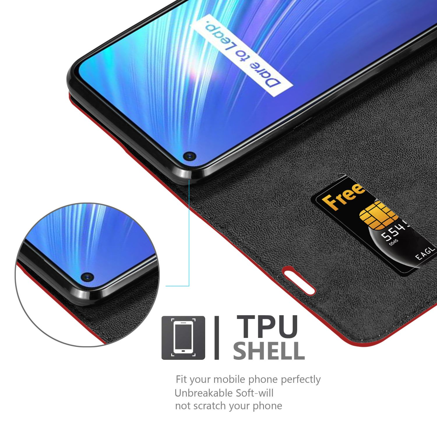 Custodia nera aperta, che mostra telefono e fessura per carte con carta. Testo 'TPU SHELL'.