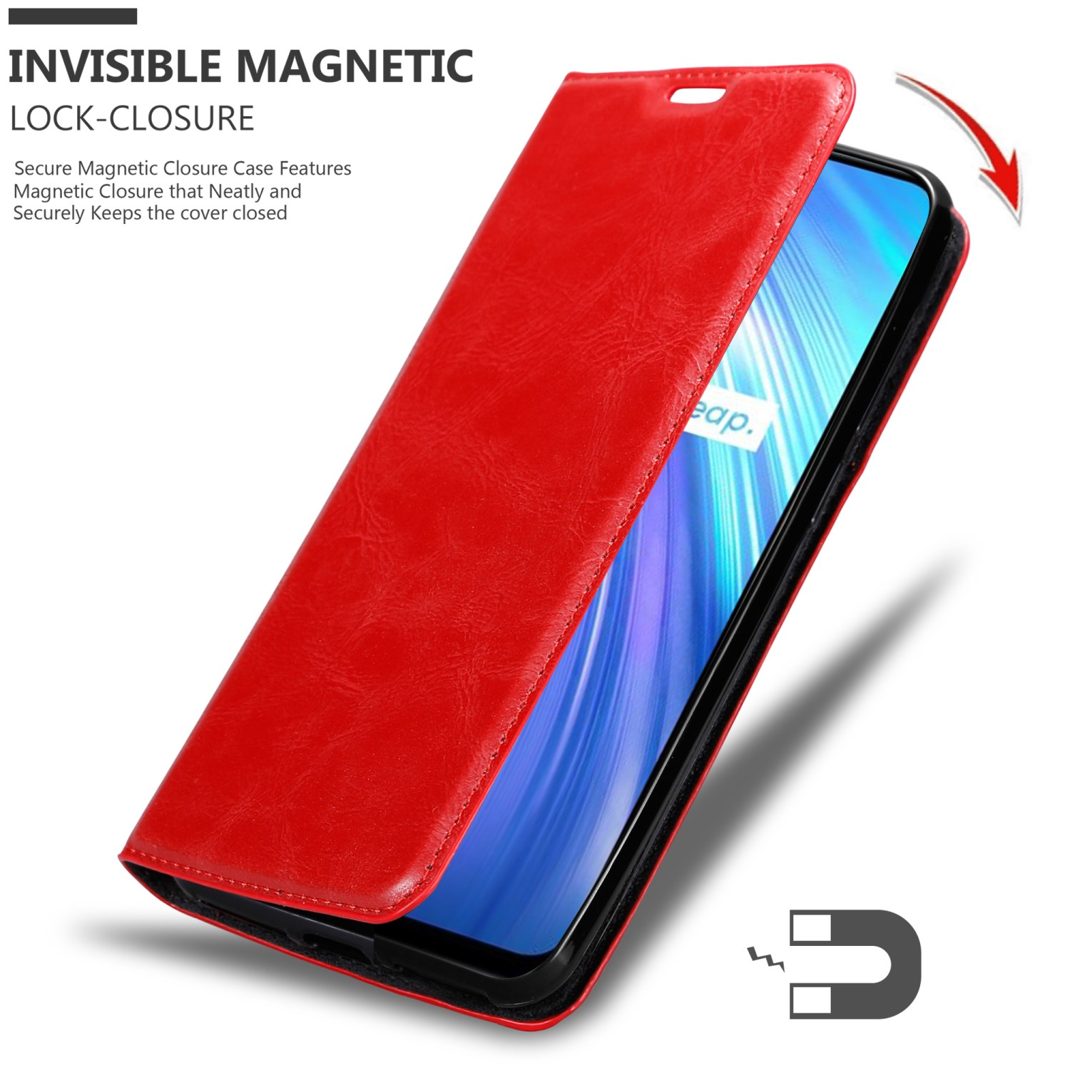Portafoglio per telefono rosso aperto. Il telefono all'interno del portafoglio è visibile.