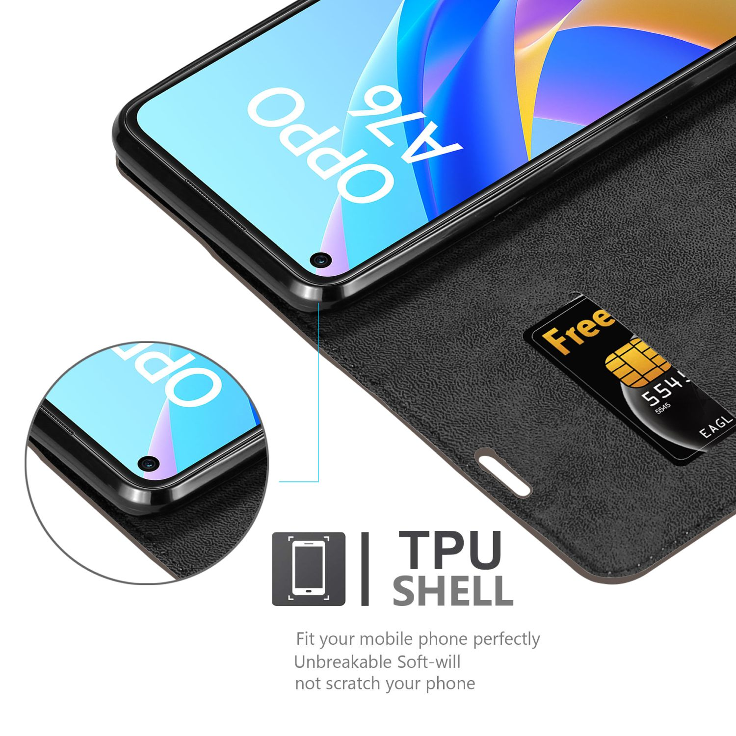 Custodia nera con un telefono all'interno e una carta. Viene visualizzato il logo TPU shell.
