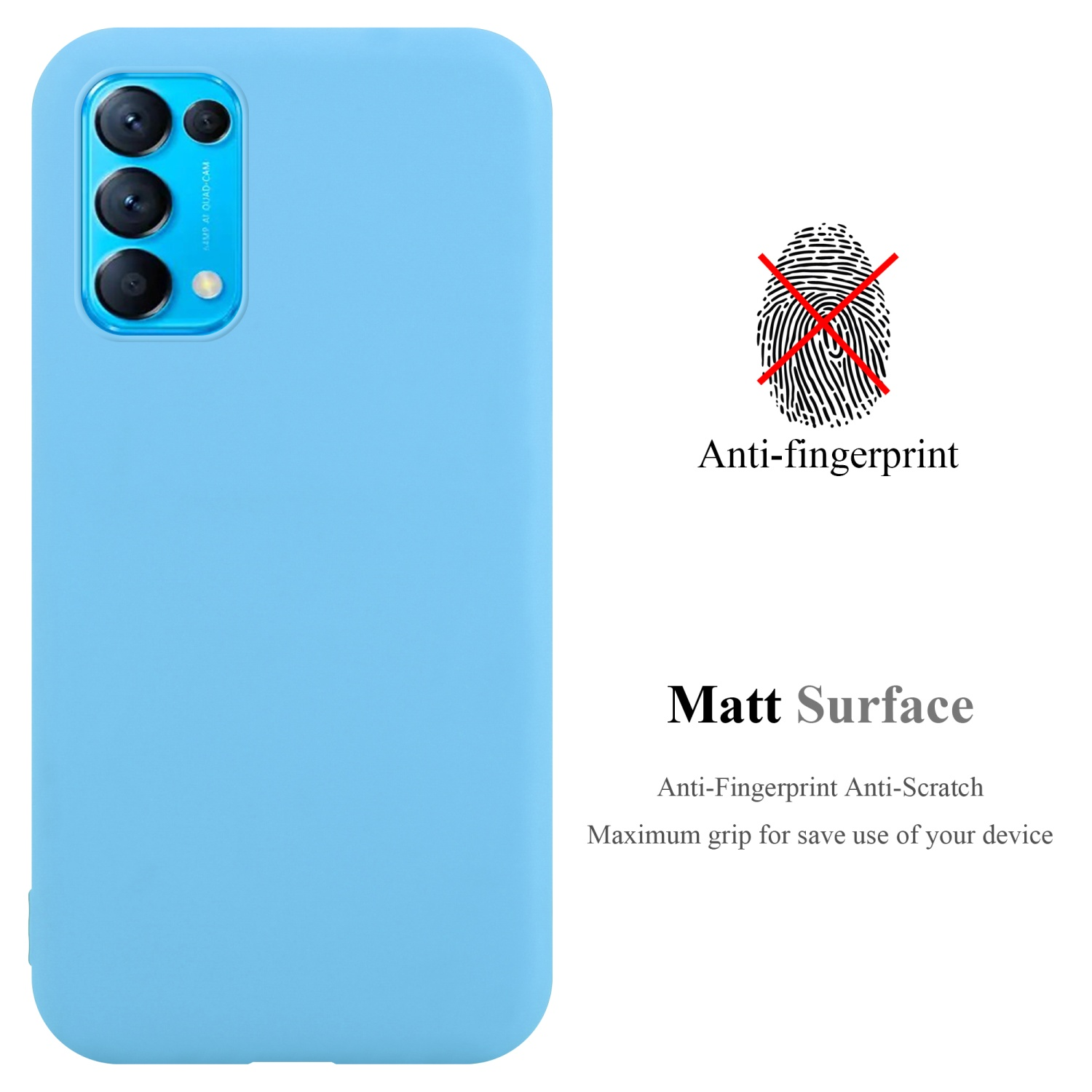 Custodia blu per telefono. Mostra il retro del telefono. Il testo indica anti-impronta e superficie opaca.