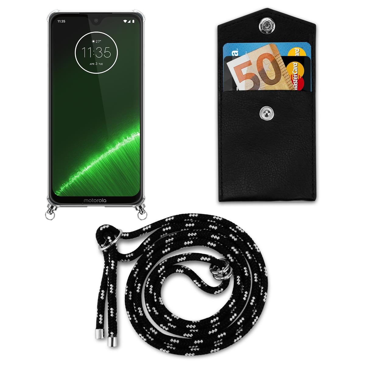 Schwarzes Telefon mit schwarzer Hülle mit Karten und Geld. Schwarzer Telefonriemen ist unten.