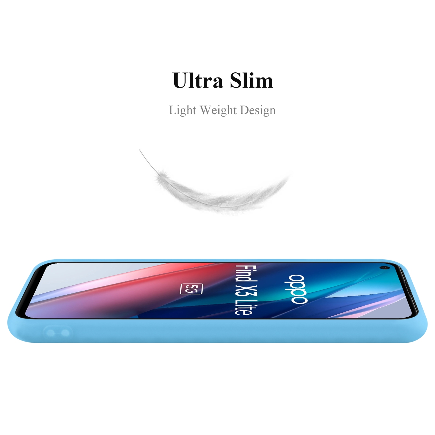 Custodia blu per telefono con testo 'Find X3 Lite' e piuma su sfondo bianco. Testo 'Ultra Slim'.