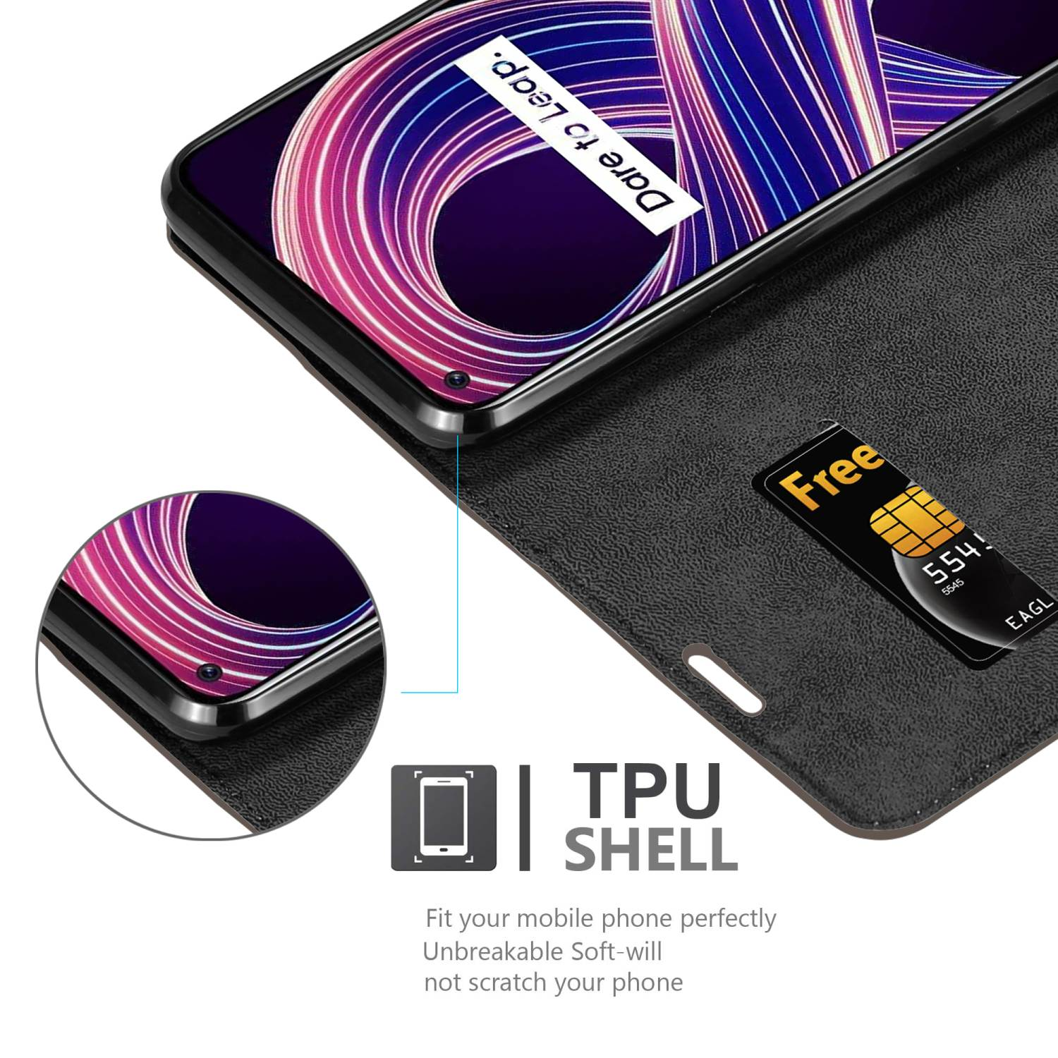 Un telefono in una custodia nera, con slot per schede. Il telefono mostra uno schermo con testo.