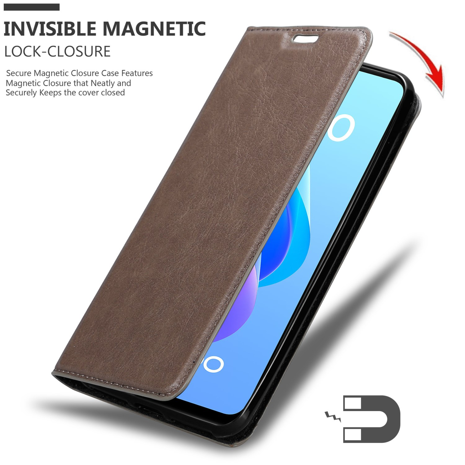 Custodia marrone per telefono, aperta. Testo: Chiusura magnetica invisibile. Chiusura magnetica sicura.