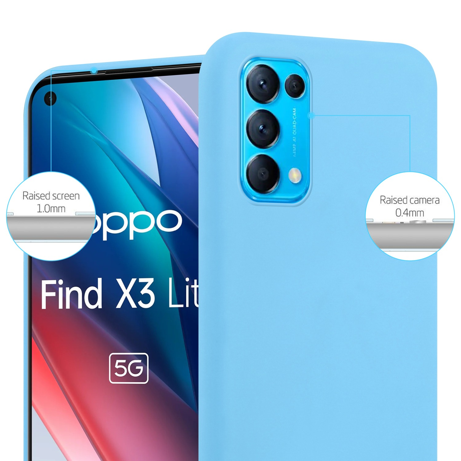 Custodia per telefono azzurra. Protezione schermo e fotocamera rialzate.