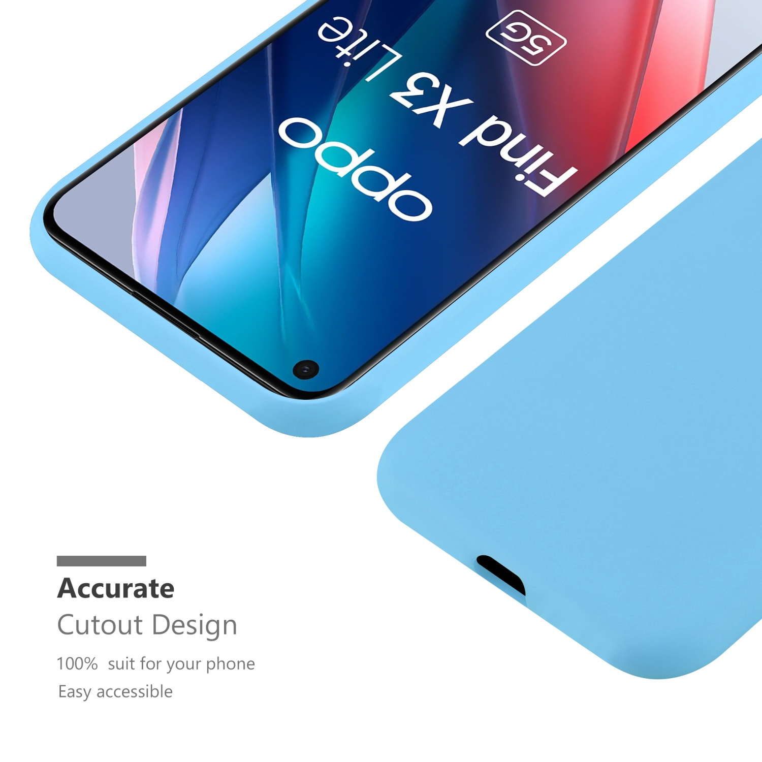 Custodia per telefono blu su una superficie bianca. Schermo del telefono visibile. Testo: Design preciso.