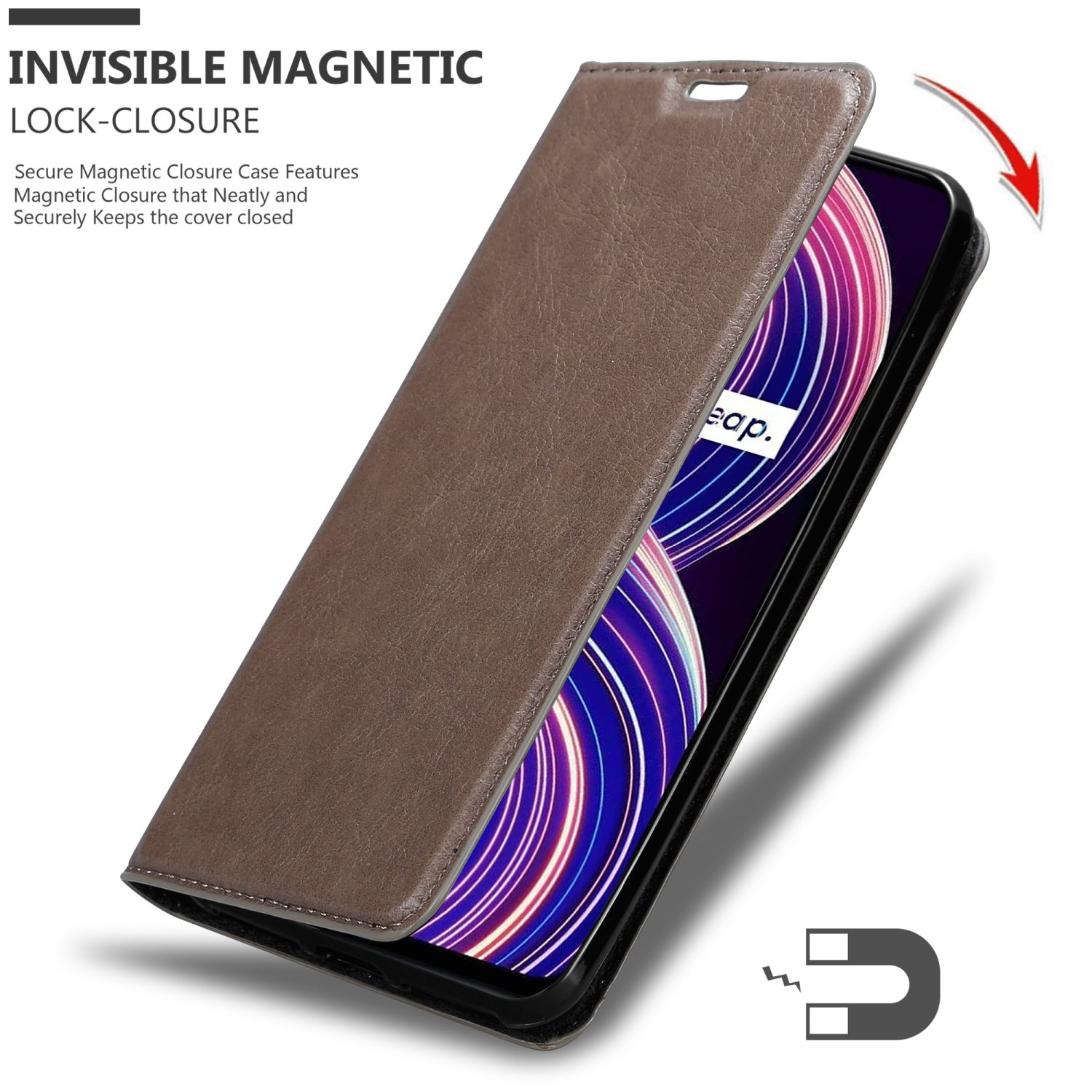 Custodia per telefono marrone che si apre, mostrando un telefono. Il telefono è angolato con un magnete.