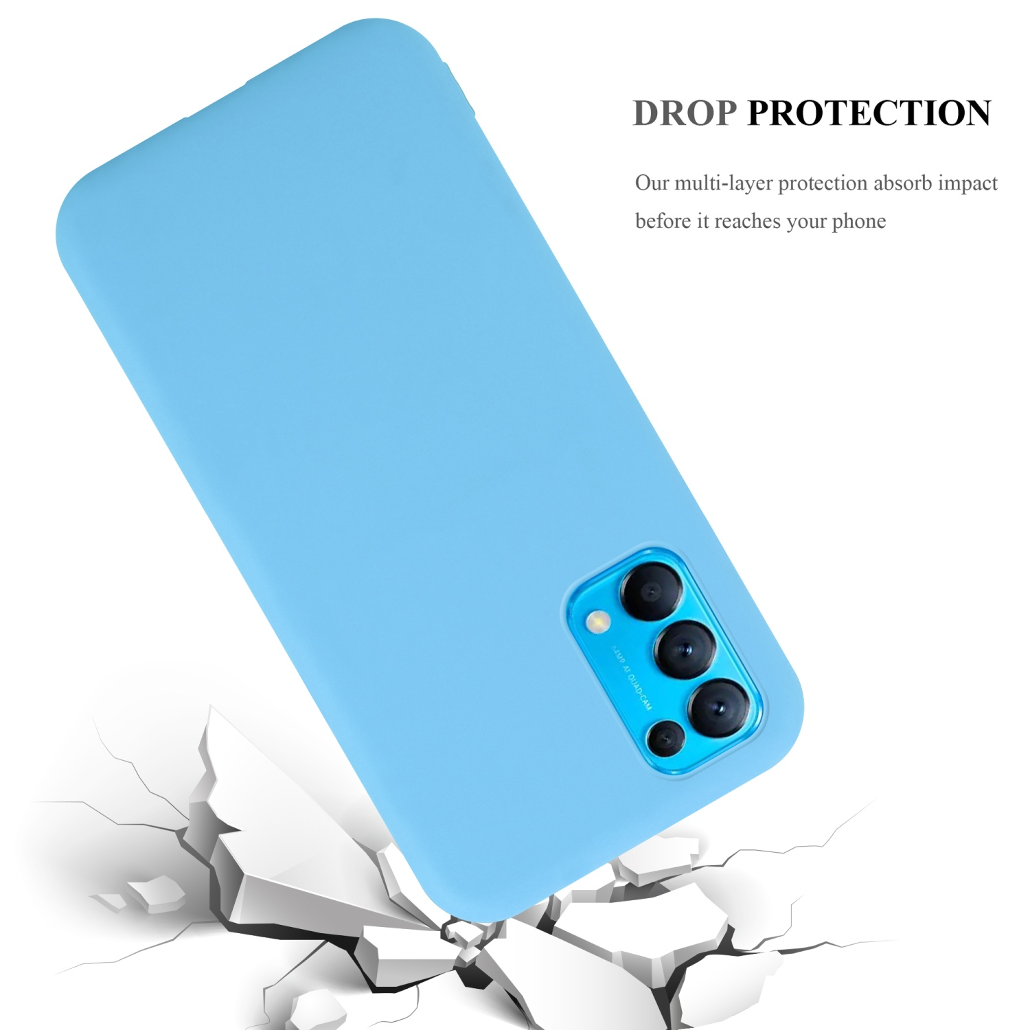 Custodia per telefono azzurra con un telefono all'interno. La custodia è angolata con testo sulla protezione dalle cadute.