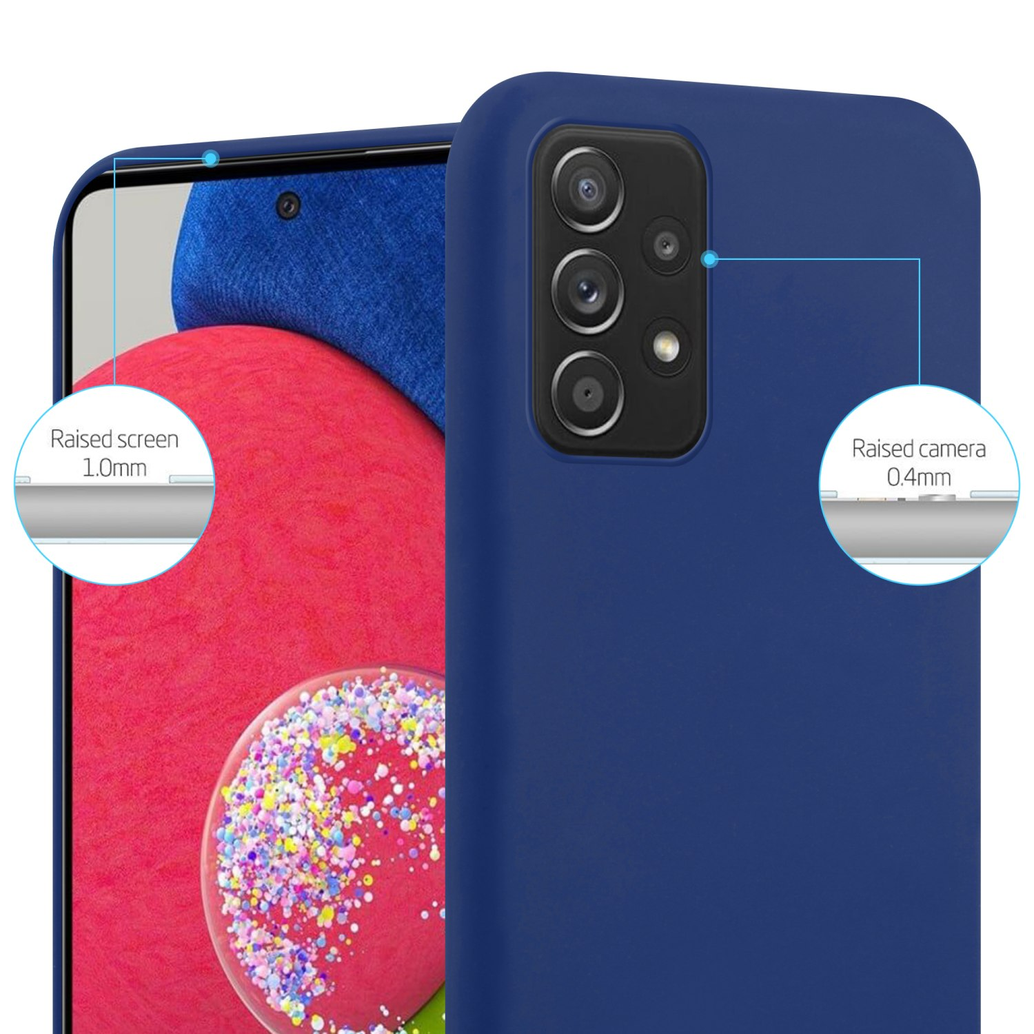 Blaue Handyhülle mit Telefon darin. Erhöhter Bildschirm- und Kameraschutz.