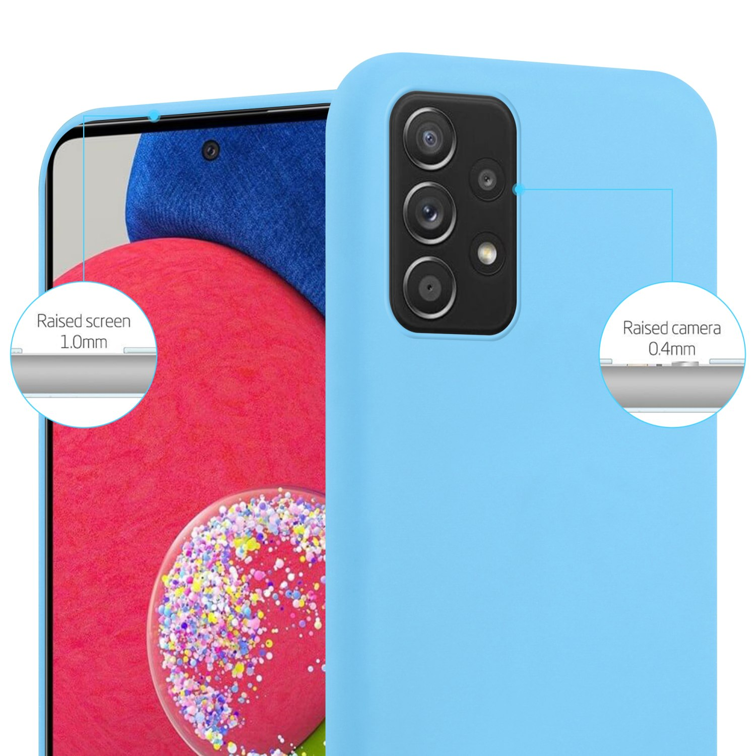 Blaue Handyhülle auf einem Telefon. Zeigt erhöhten Bildschirm- und Kameraschutz.