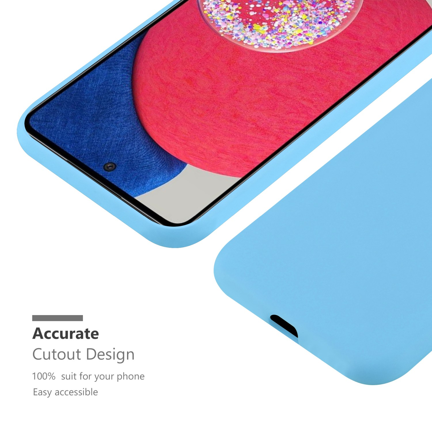 Blaue Handyhülle, Telefon eingesetzt. Ausschnittdesign, leicht zugänglich, weißer Hintergrund.