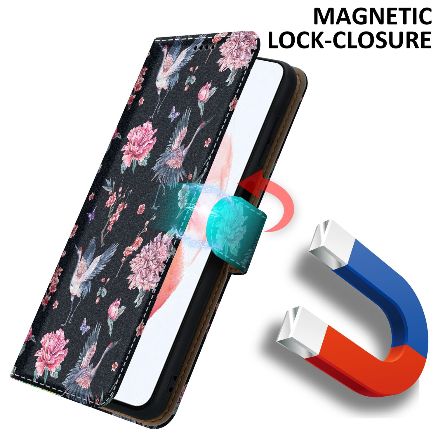 Custodia per telefono aperta, che mostra un telefono con un design floreale. Un magnete e il testo Chiusura magnetica sono visibili.