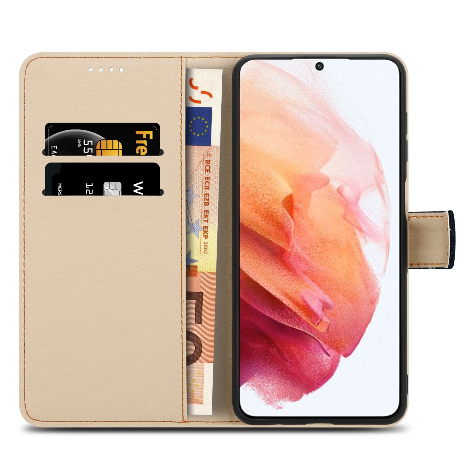 Portafoglio beige, carte, denaro, telefono dentro, portafoglio compatto.