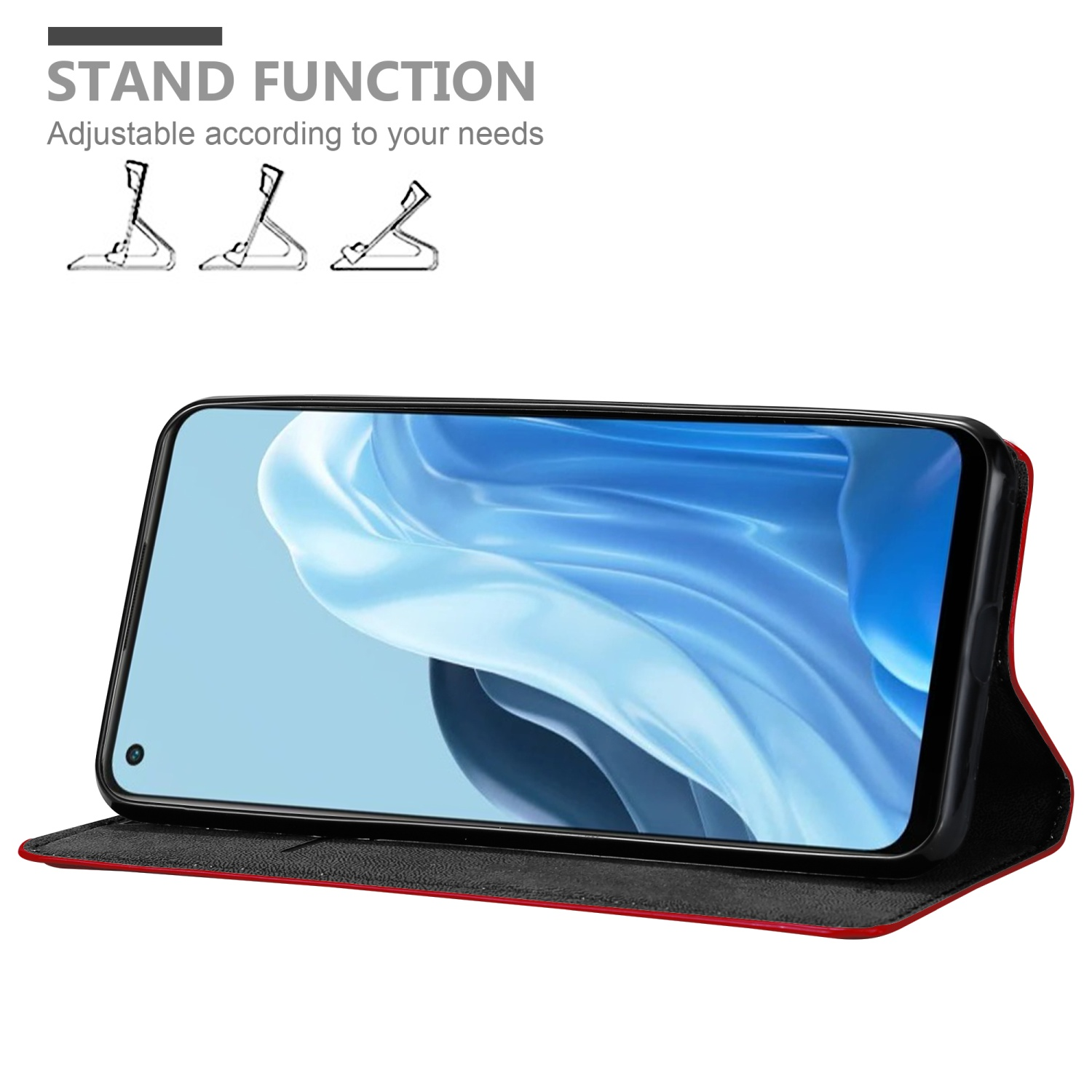 Telefono in custodia nera, aperto per stare in piedi. Lo schermo del telefono è visibile con un design.