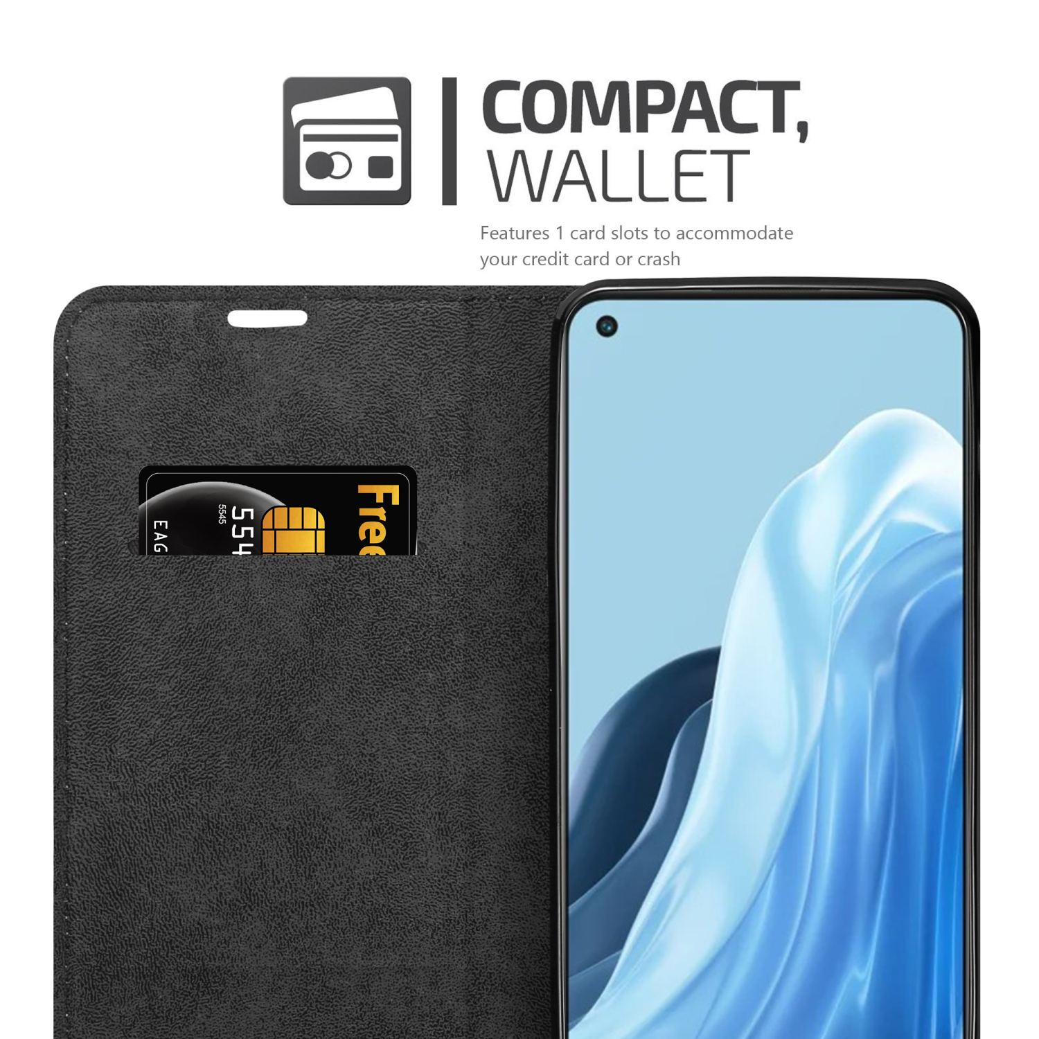 Custodia nera con fessura per carte. Lo schermo del telefono ha uno sfondo blu e bianco.